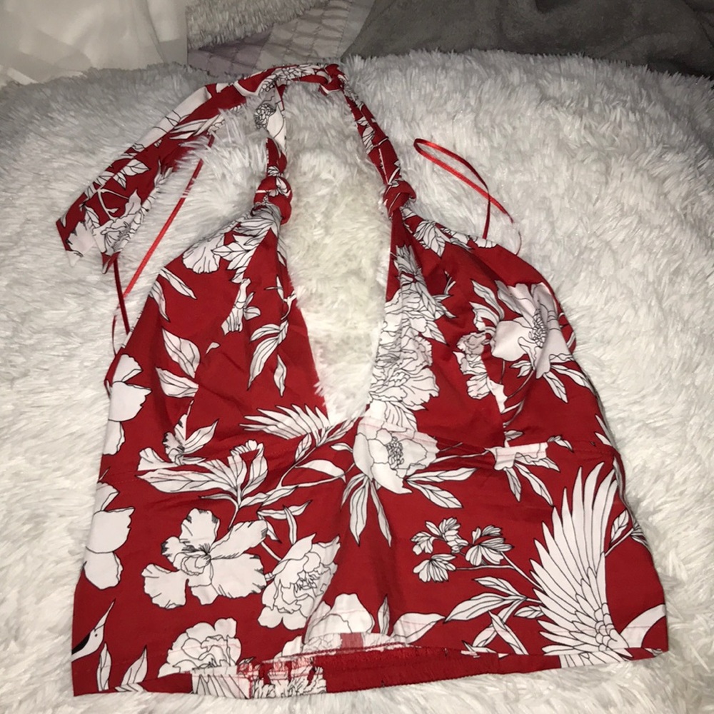 Red floral print halter top